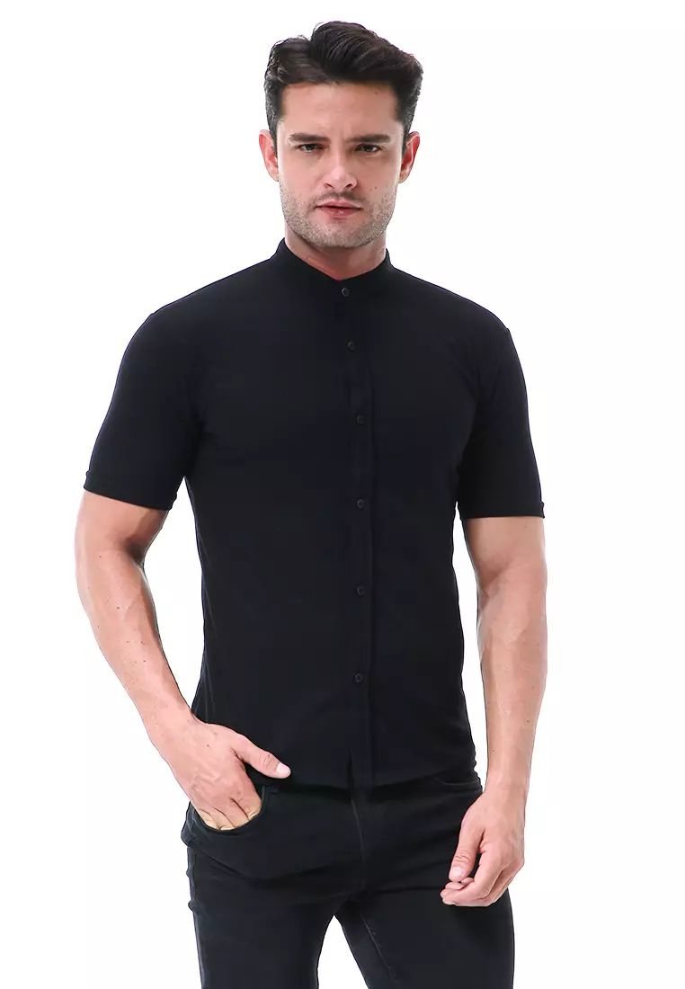 Leopold Atasan Pria Kemeja Kasual Slim Fit Lengan Pendek Motif Polos Material Cotton ORIGINAL - Black