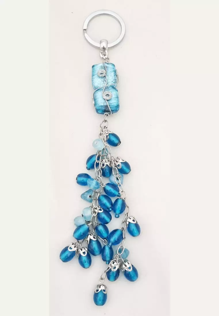 Aksesoris Tas Wanita Resin Art Coiled Wire Key Chain Blue & Silver