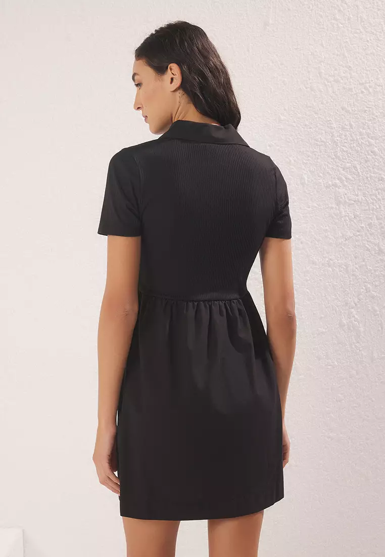 Black Buttoned Skirt with Woven Detail Mini Knitted Dress TWOSS25EL00772