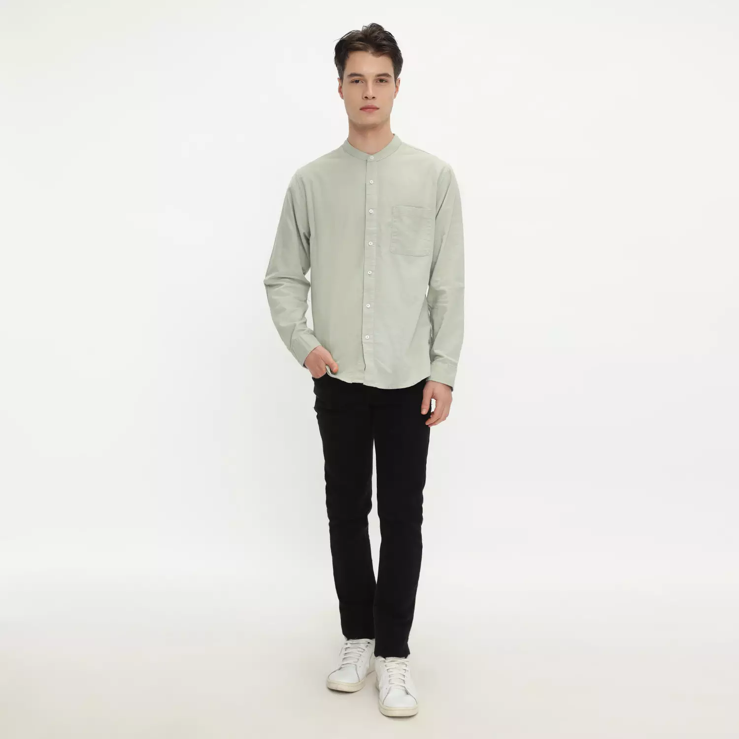 Larusso Khair Collection - Kemeja Koko Rami Basic Polos Pria Lengan Panjang - Sage