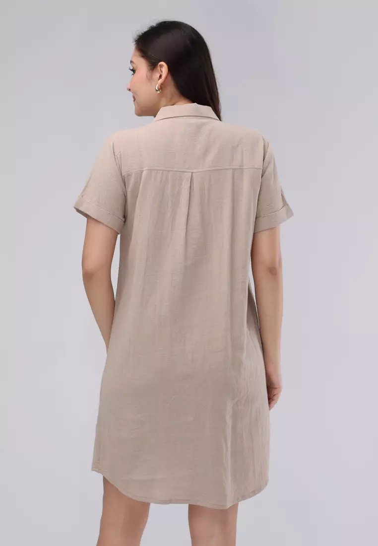 Crumpled Plain Cotton Woven Short Sleeves Dress