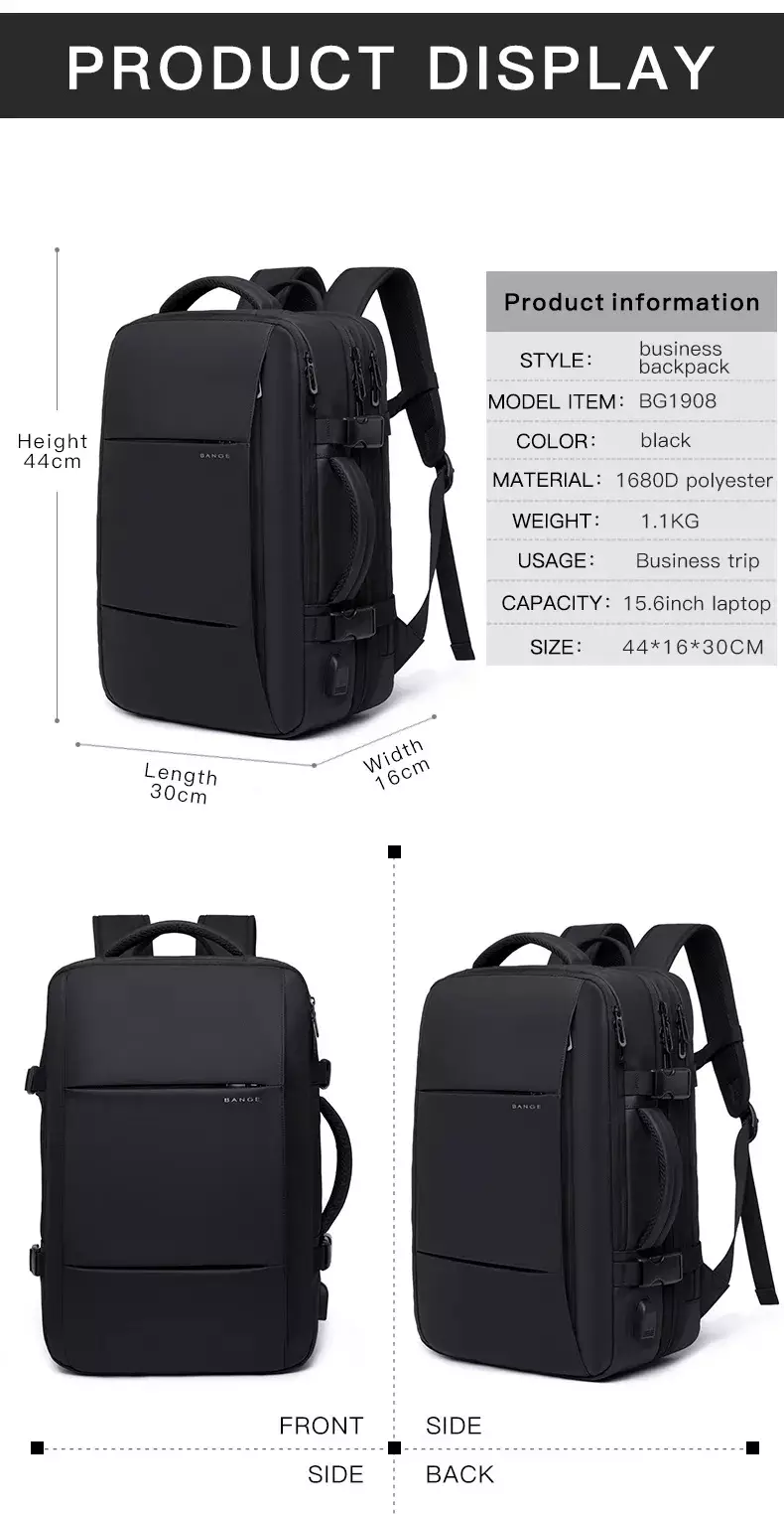 Bange BG1908 Tas Backpack Ransel Laptop Travel Pria 15.6" USB Expandable - BLACK