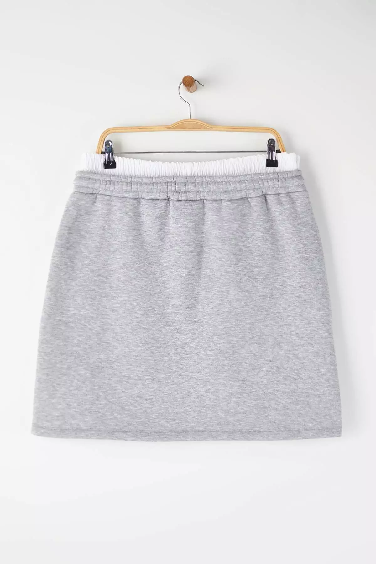Gray Melange Waist Poplin Detailed Knitted Mini Plus Size Skirt