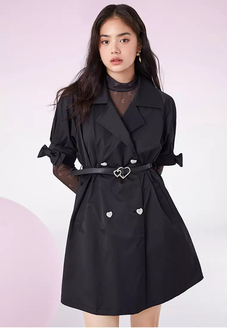 Short Sleeve Trench Coat with Belt and Heart Buttons