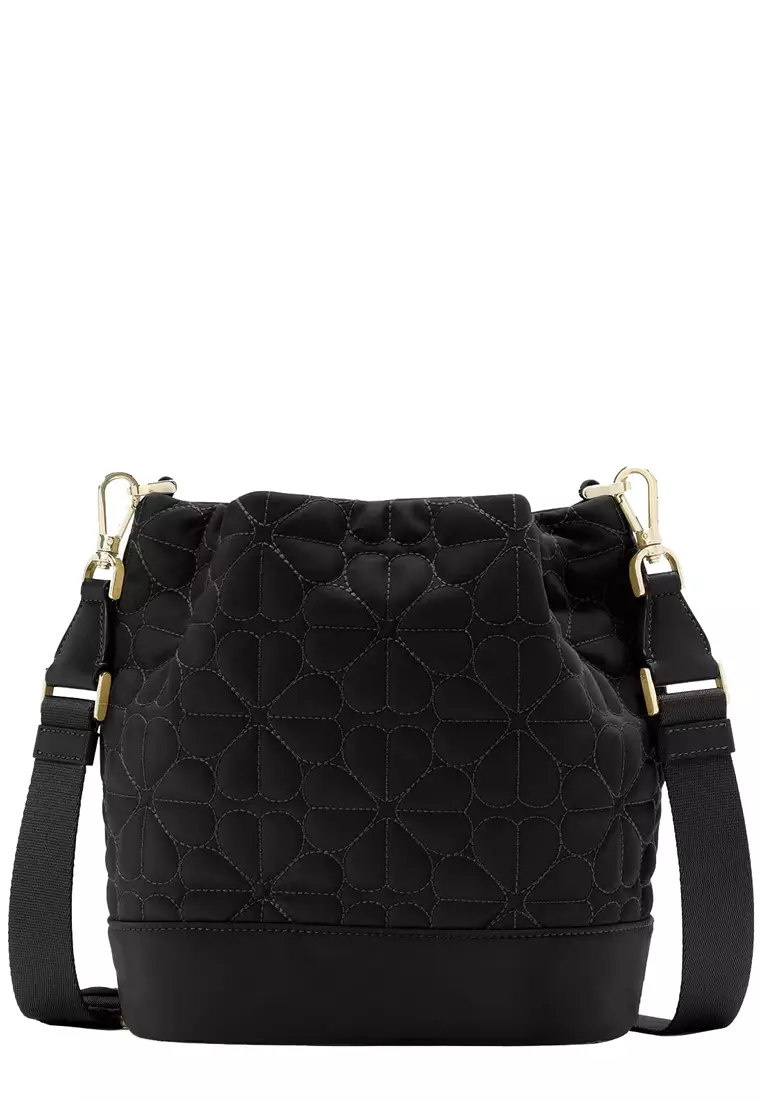 Flower Quilted Fabric Bucket Bag in Black KK076