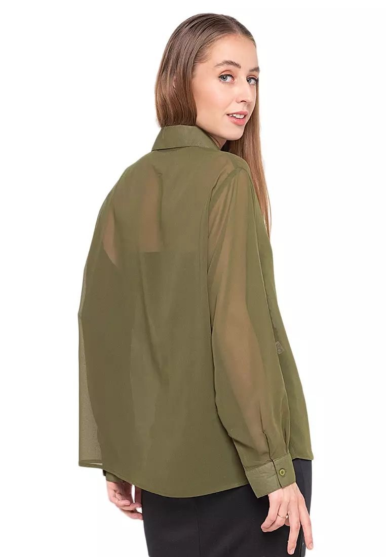 Calder Kemeja Atasan Transparan Front Button Opening Design Simple Plain Shirt Wanita - Green