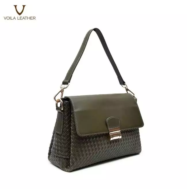 Medium Tote Selempang Anyam Kulit Asli Voila Gemima Green