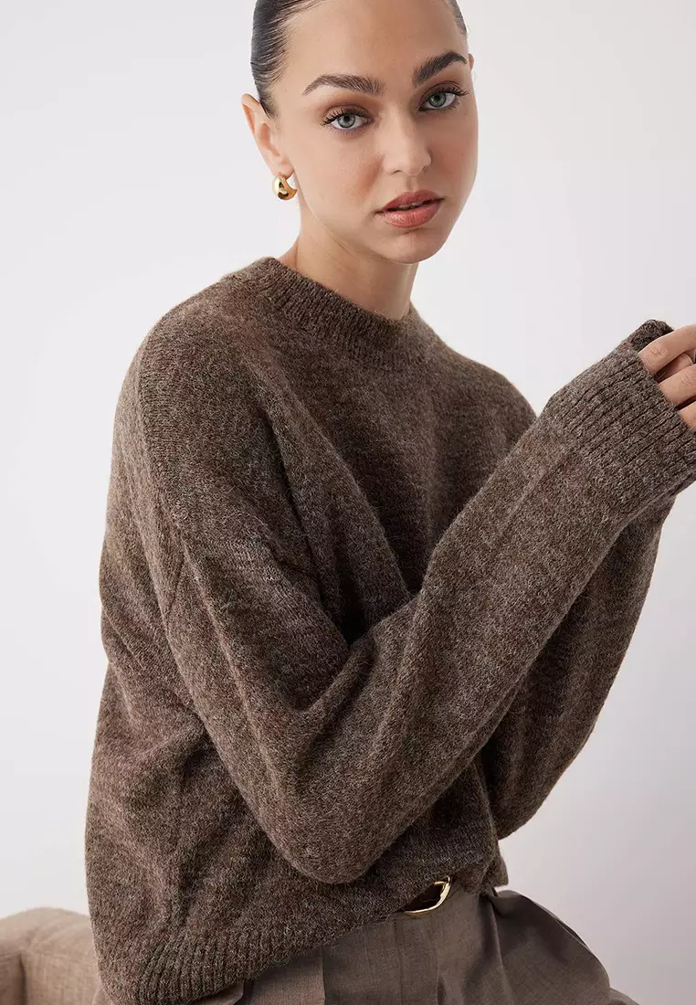 Mink Alpaca Wool Blended Premium/Special Yarn Wide Fit Basic Knitwear Sweater