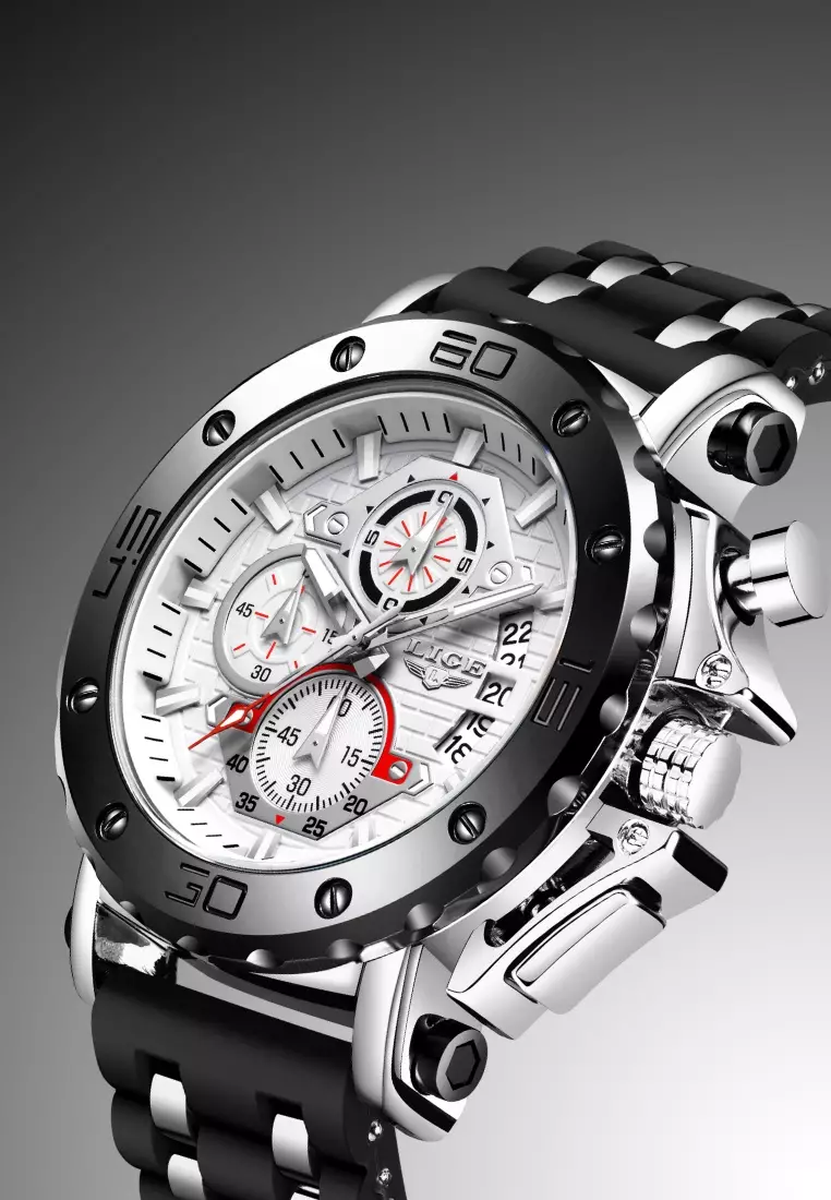 Chronograph Unisex Stainless Steel Quartz Watch, Black Bezel, White dial, Rubber and Metal Strap
