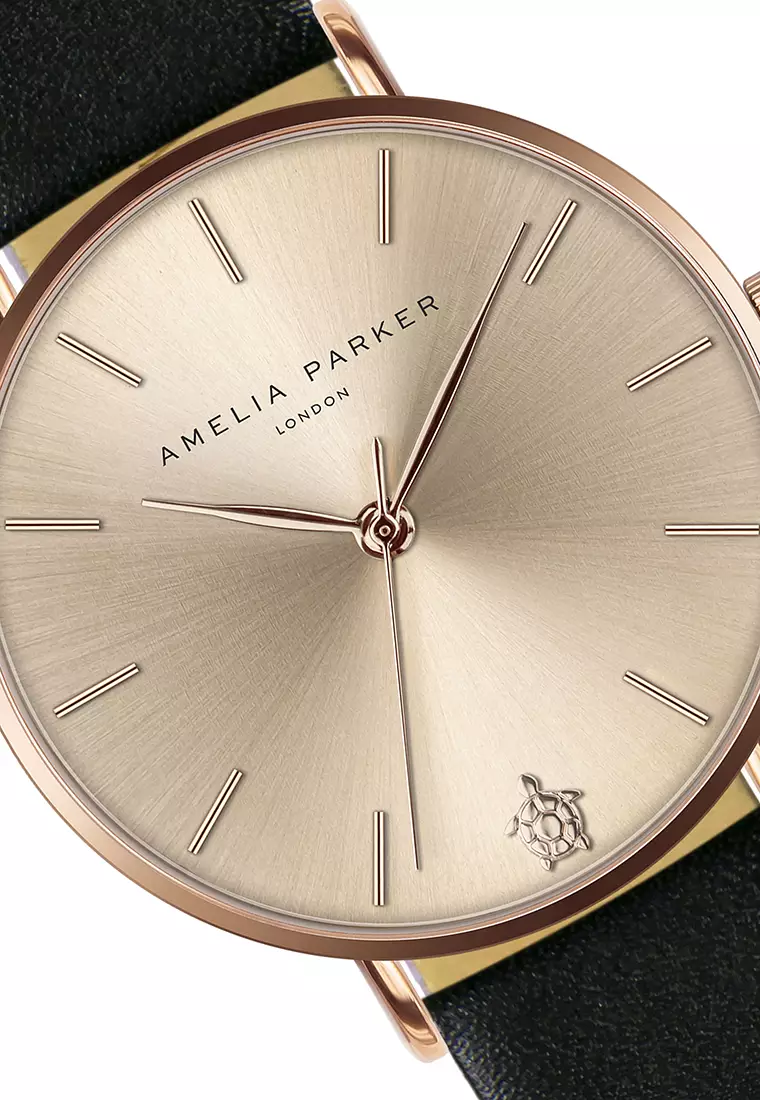 Amelia Parker Gold Sky Black Leather women watch