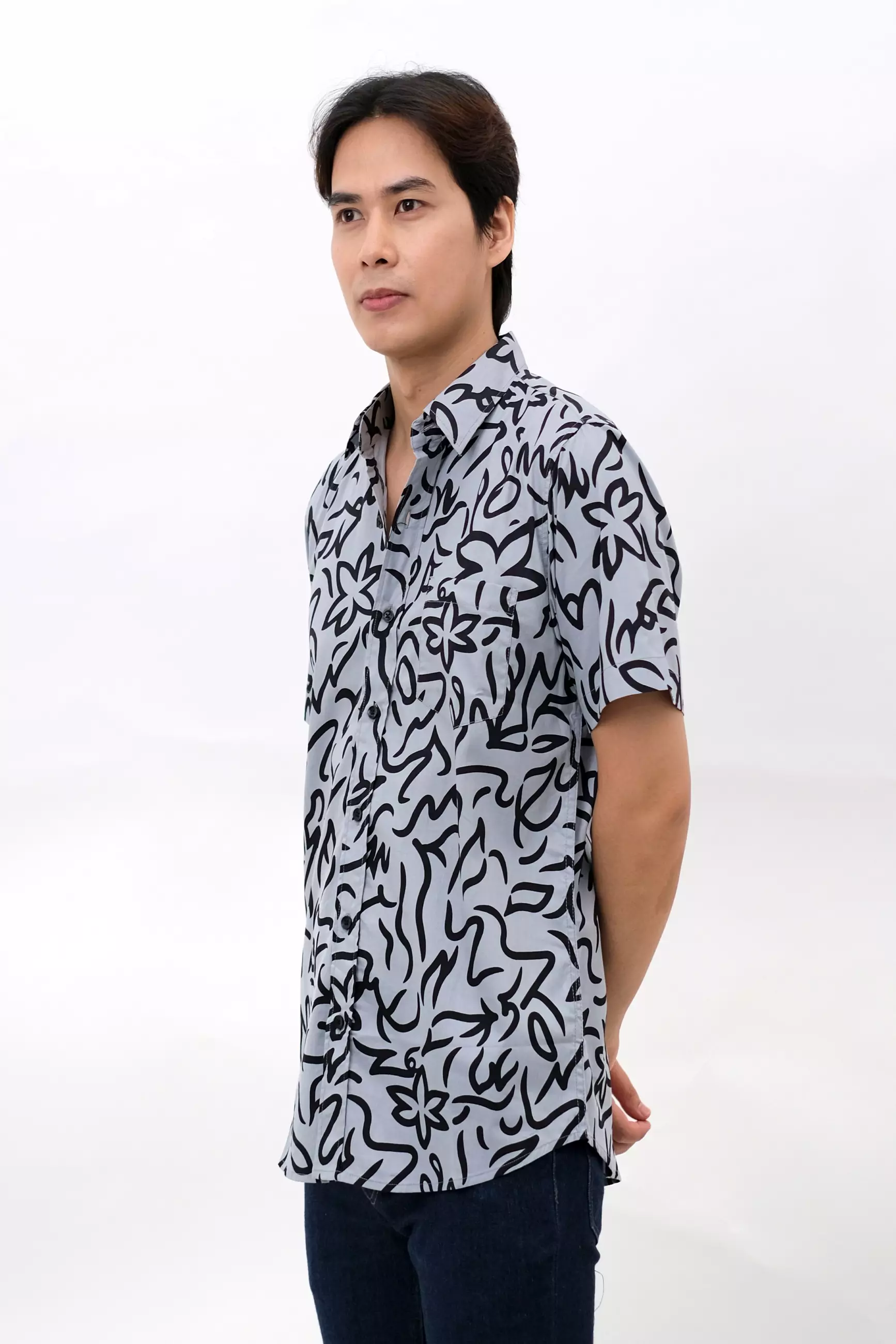 Andre Michel Kemeja Lengan Pendek Abu Motif Hitam 16760