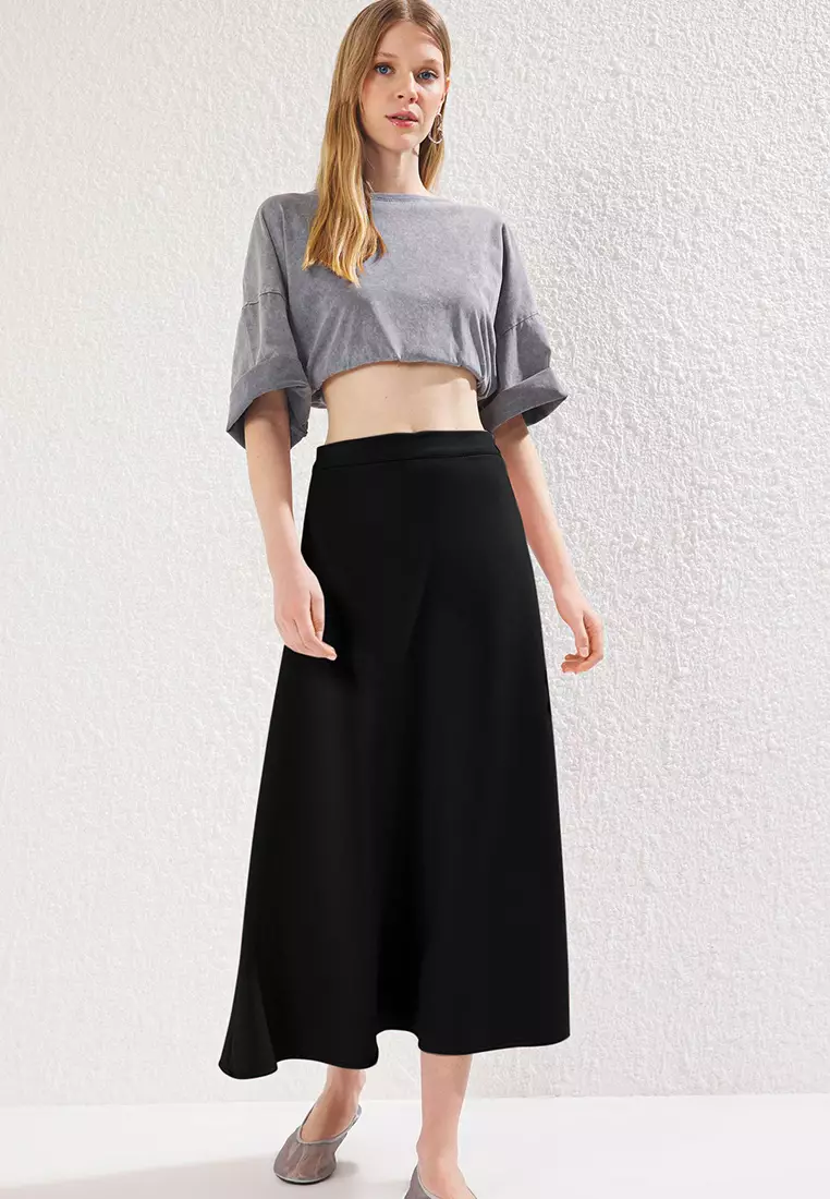Black A Line/Flare Cut Midi Skirt