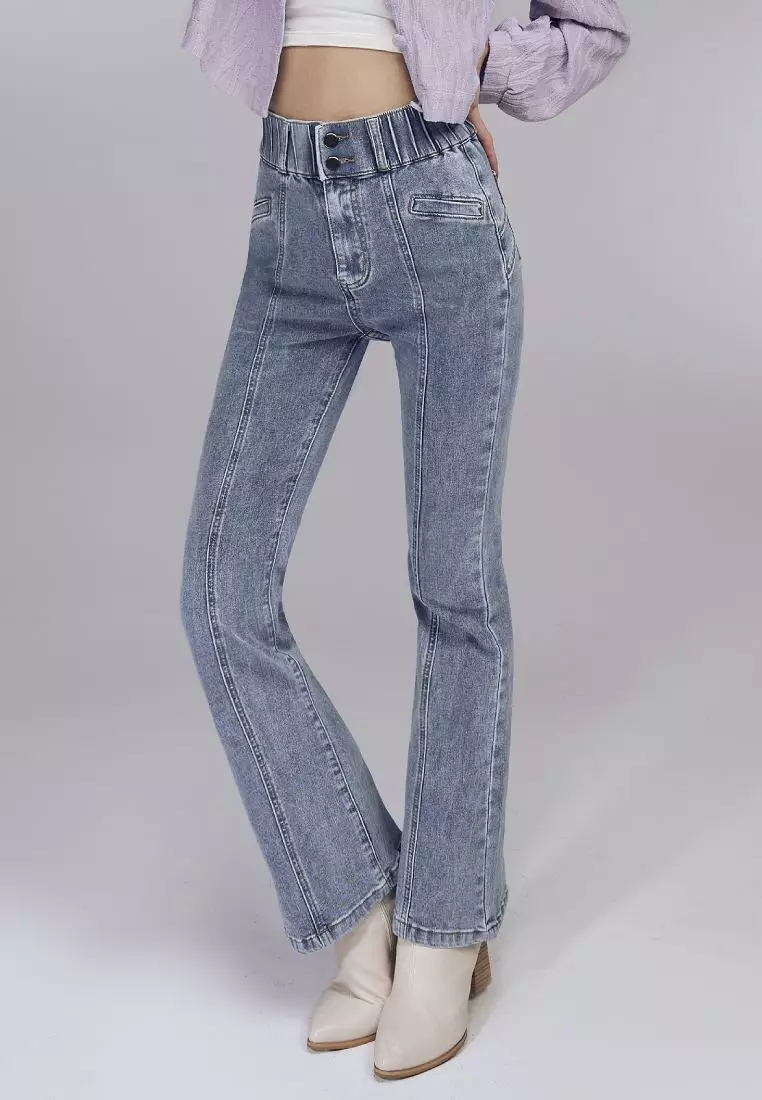 視覺細-5KG．彈力高腰造型口袋喇叭牛仔顯瘦褲《BA7587》