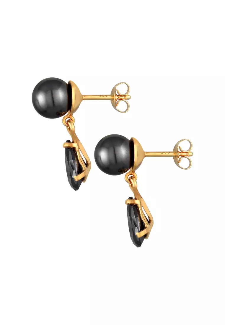 Anting Perhiasan Perak 925 Wanita Ear Studs Drop Synth. Pearl And Zirconia Gold Plated Embellished with Crystal by Swarovski®