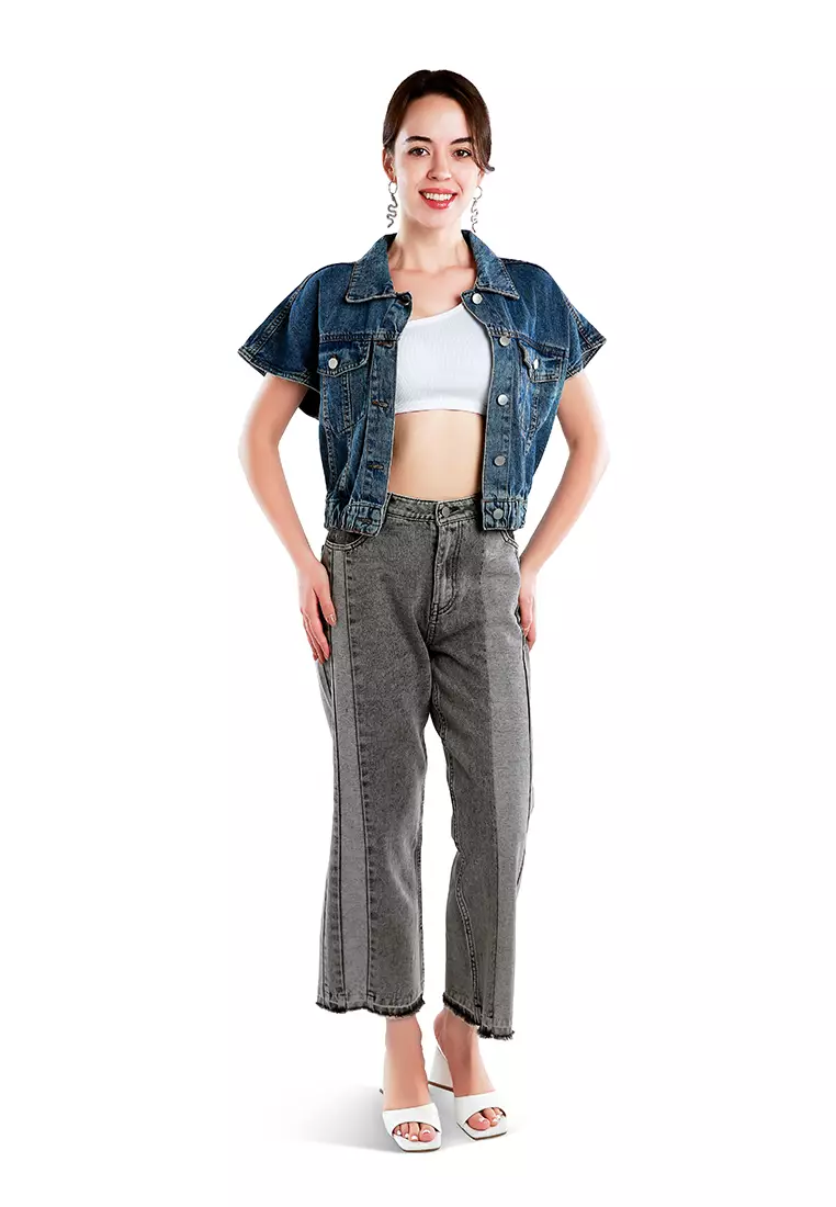 Mid-Blue Drop Shoulder Sleeves Cropped Denim Vest