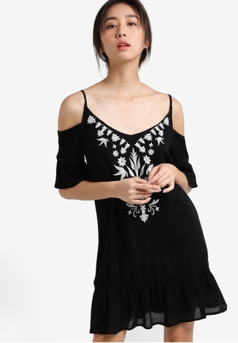 Love Cold Shoulder Embroidered Dress With Lace Up Back
