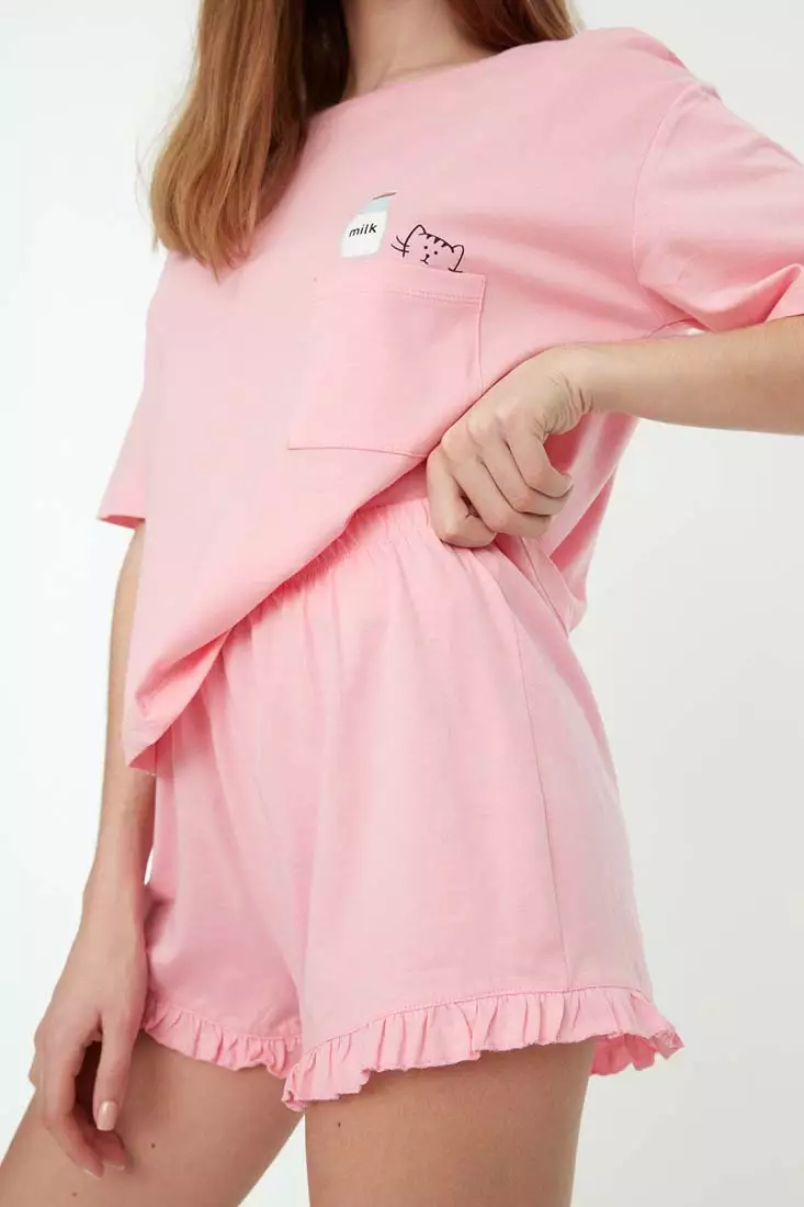 Graphic Plain with Frill Detail Pajamas Set
