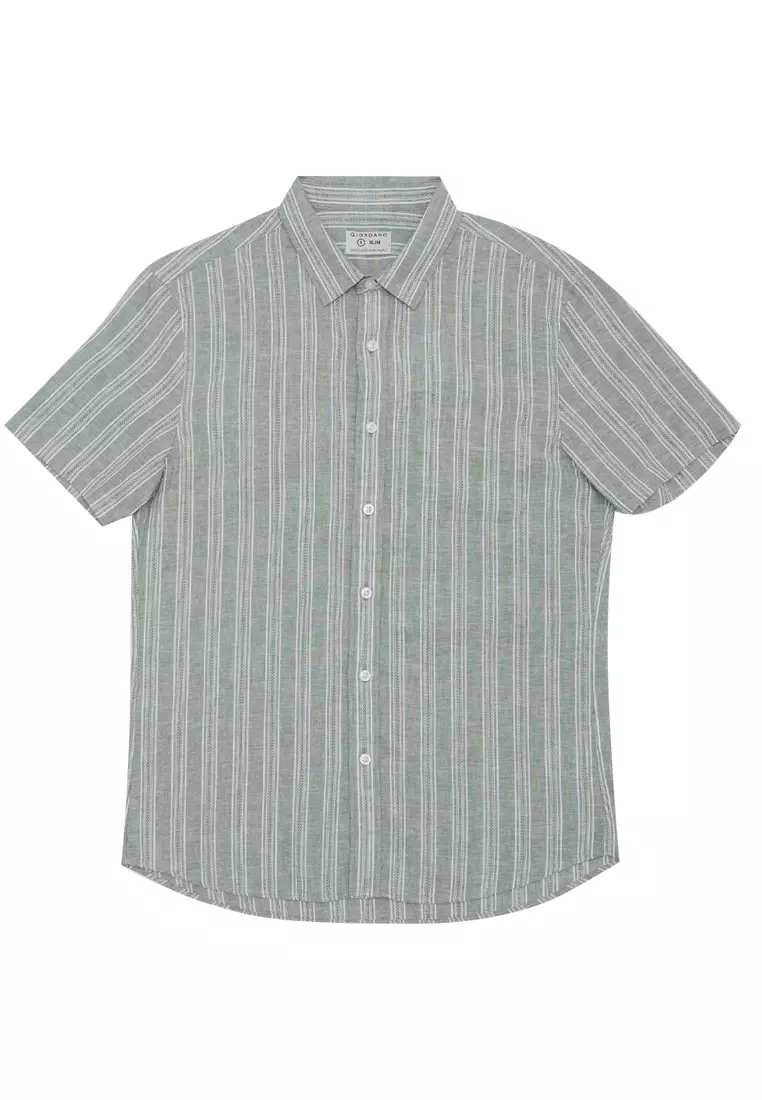 Men's Linen Cotton Poplin Short Sleeves Stripe Shirt