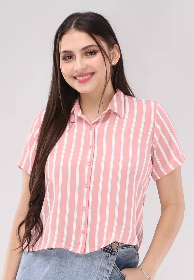 Crumpled Linen 3 Stripes Woven Short Sleeves Blouse
