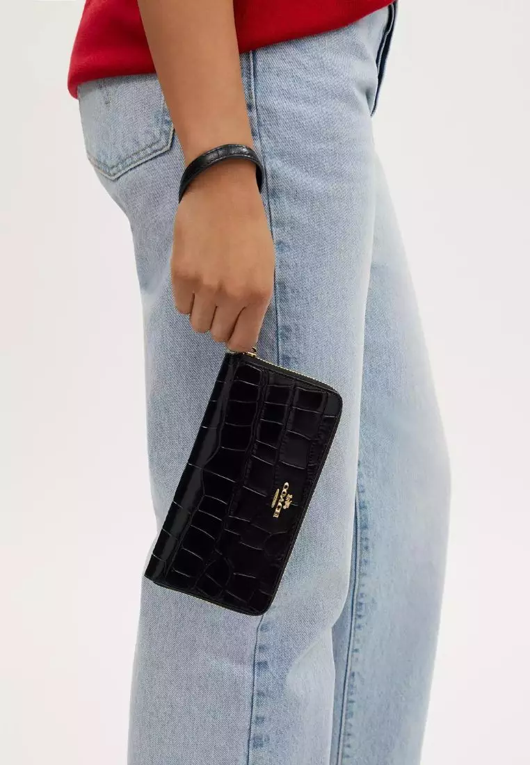 Long Zip Around Wallet Embossed Crocodile Gold Black