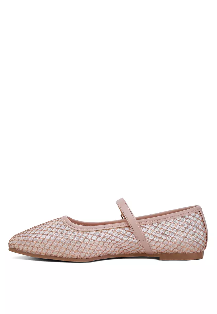 Mesh Mary Jane Flats in Camel