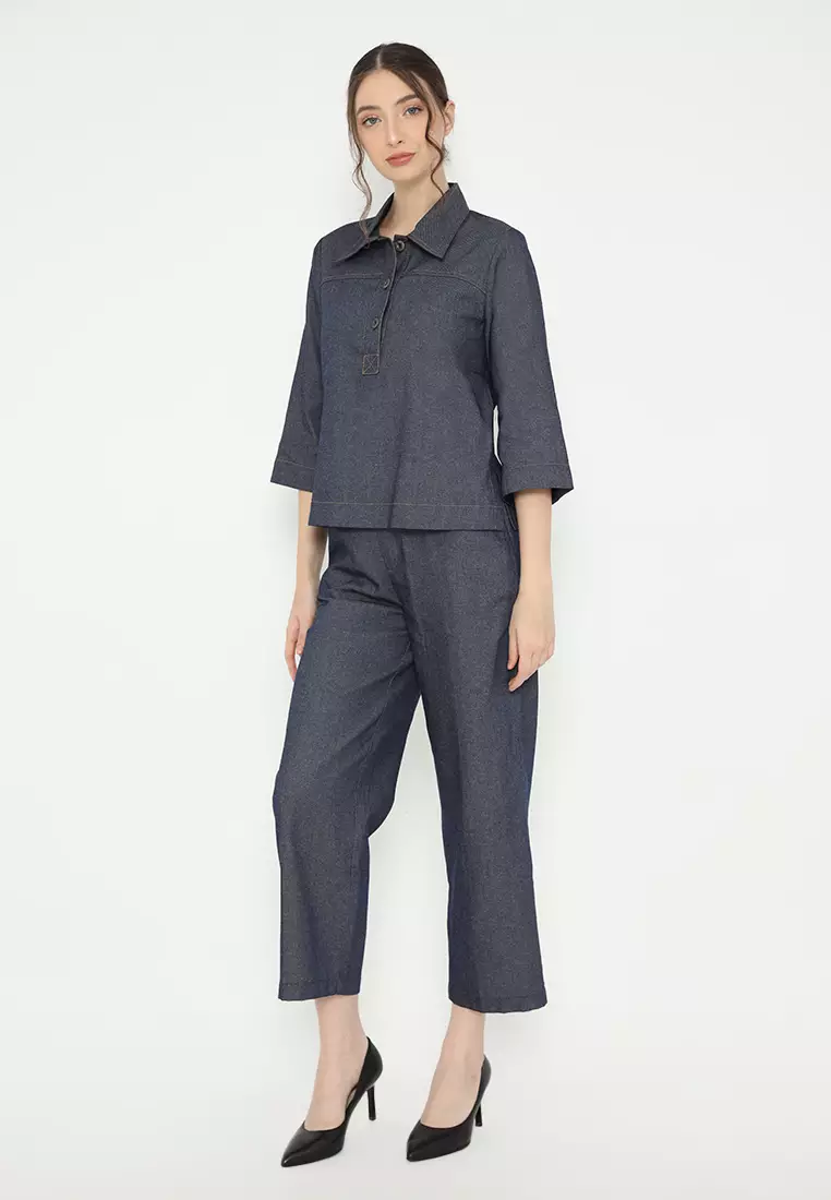 Denim Blouse In Navy Blue By Brilliant Girl Warna NAVY
