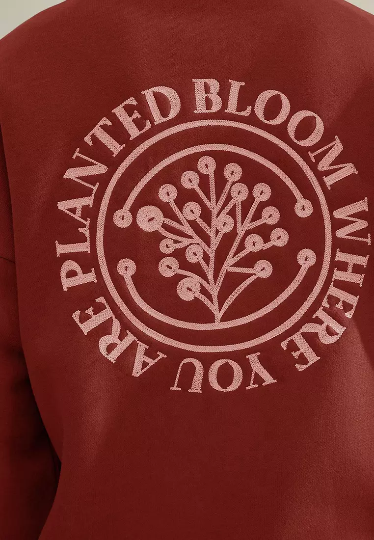 Brick Oversize/Wide Cut Floral Embroidered Polar Fleece Inside Cotton Sweatshirt TMNAW24SW00012