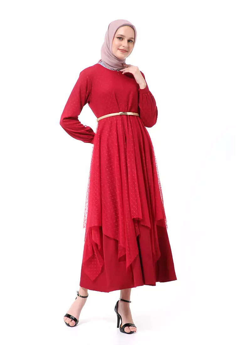 Zahwa Long Dress Gamis Muslimah Long Sleeve Free Belt High Quality - Maroon