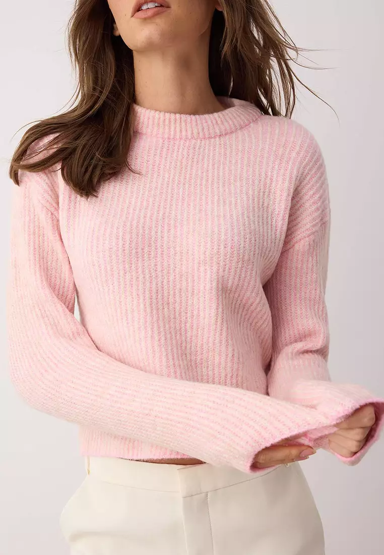 Crop Soft Textured Crew Neck Knitwear Sweater