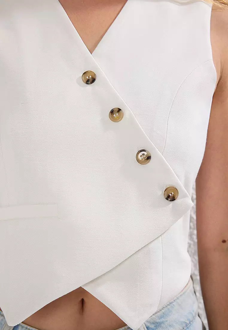 White Fitted Linen Look Double Breasted Closure Crop Vest