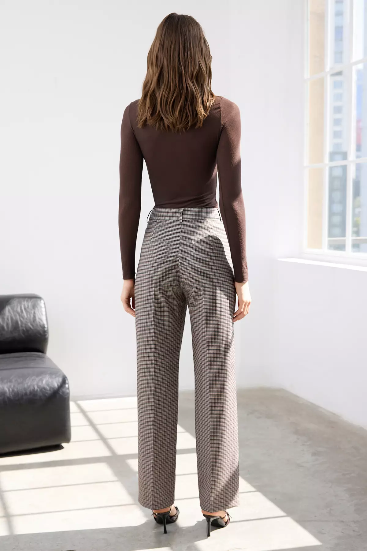 Brown Plaid/Checked Woven Wideleg/Wide Leg Trousers