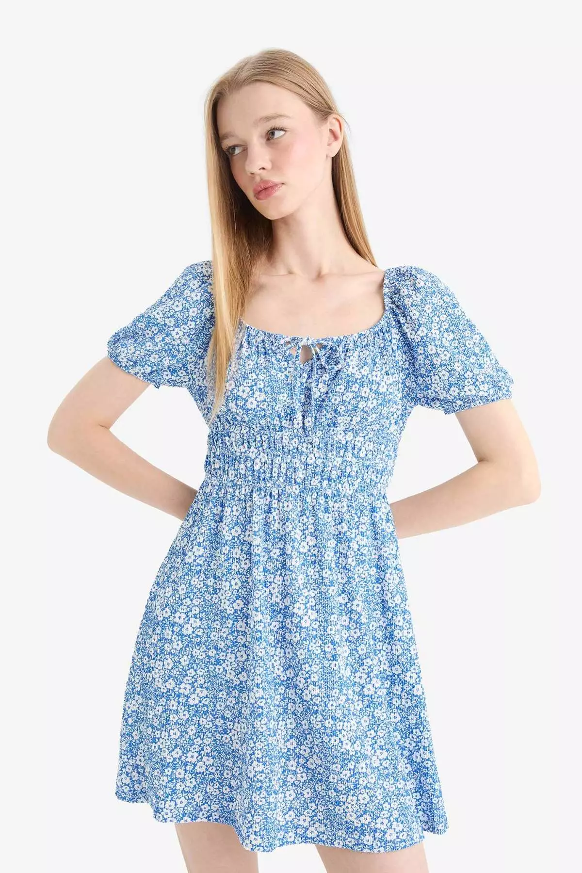 Coool Square Neck Floral Wrap Short Sleeve Mini Summer Dress E0874Ax25Sm