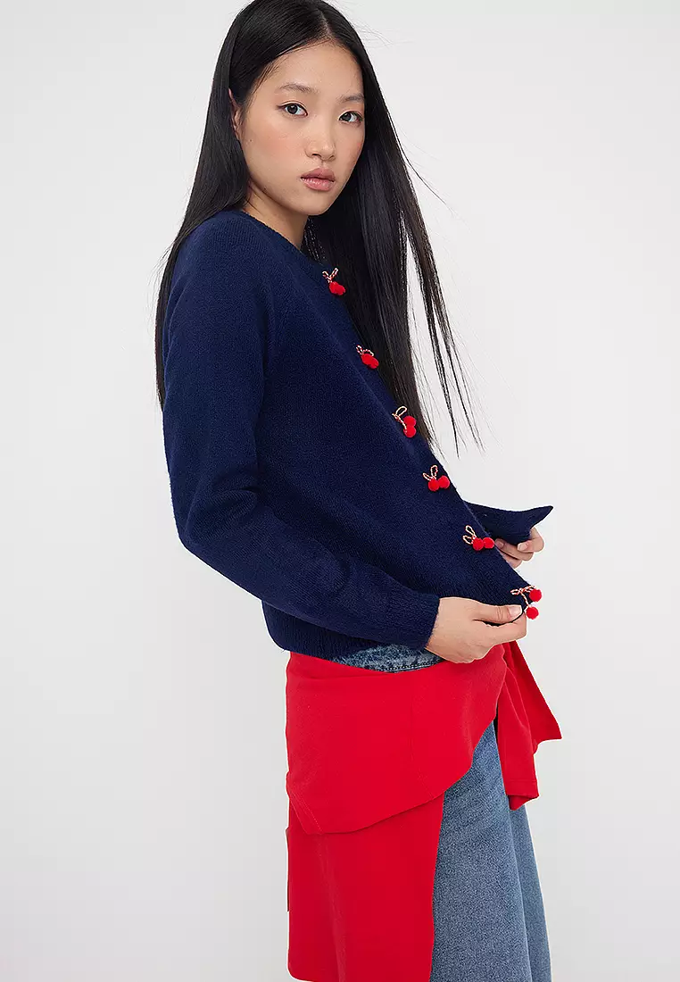 Crew Neck Cherry Accessory Detailed Knitwear Cardigan