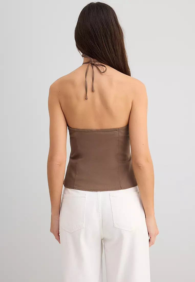 Light Brown Cotton Gabardine Halter Neck Fitted Woven Blouse TWOSS25BZ00536