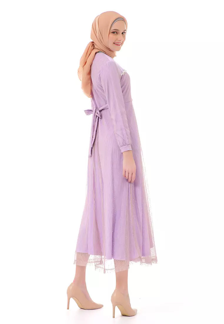 Nadya Dress Muslimah Women Waist Strap High Quality Premium - Lilac