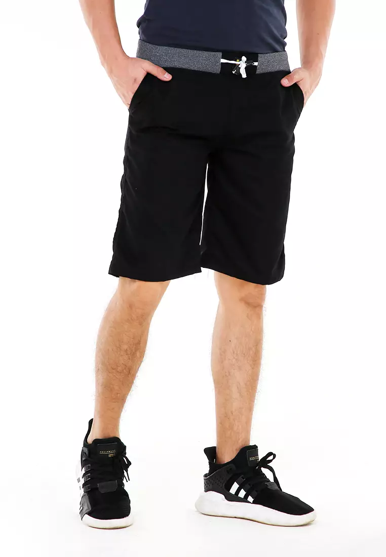 Rishham Celana Pendek Pria Polos Elastic Rubber Casual Short Pants Material Cotton ORIGINAL - Black