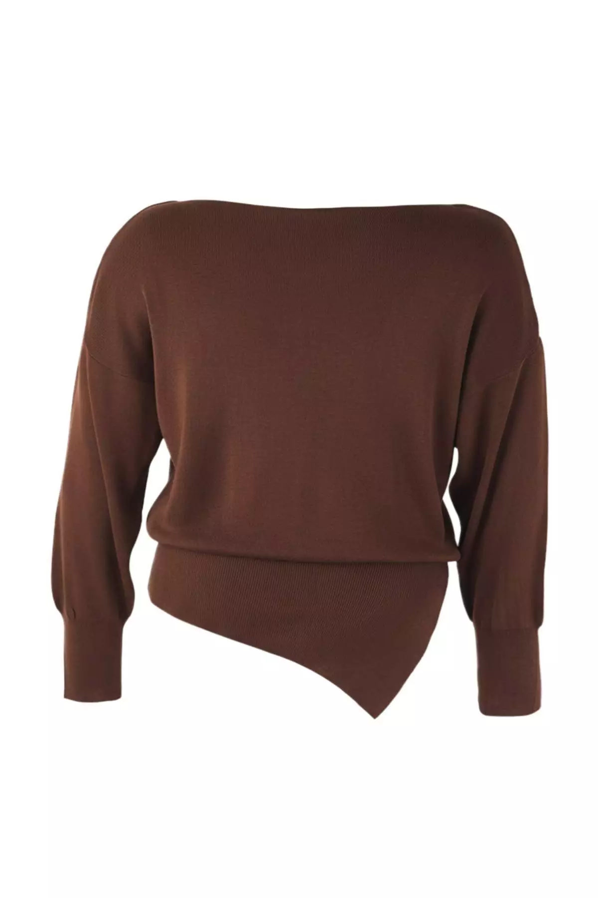 Brown Mercerized Look Boat Neck Slit Detailed Knitwear Sweater
