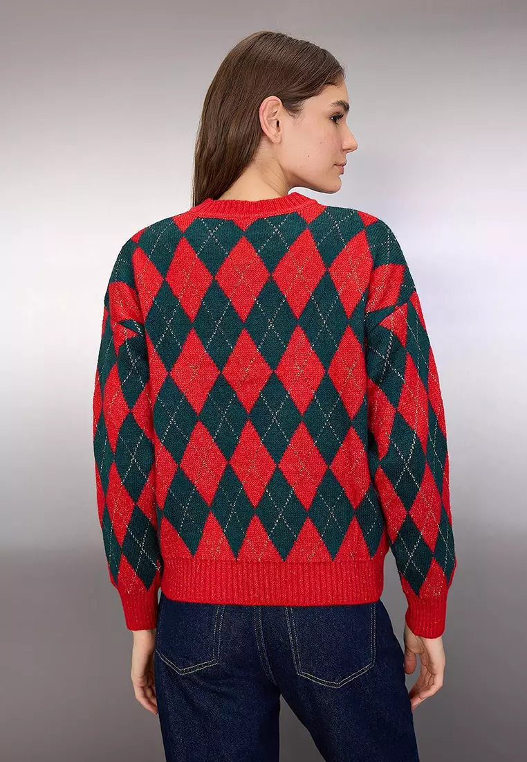 Red New Year's Themed Soft Textured Glittery Knit Sweater