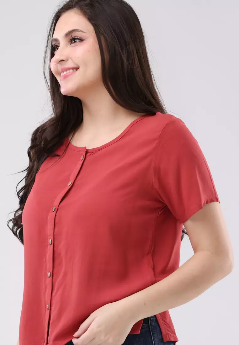 Woven Plain Rayon Short Sleeves Blouse