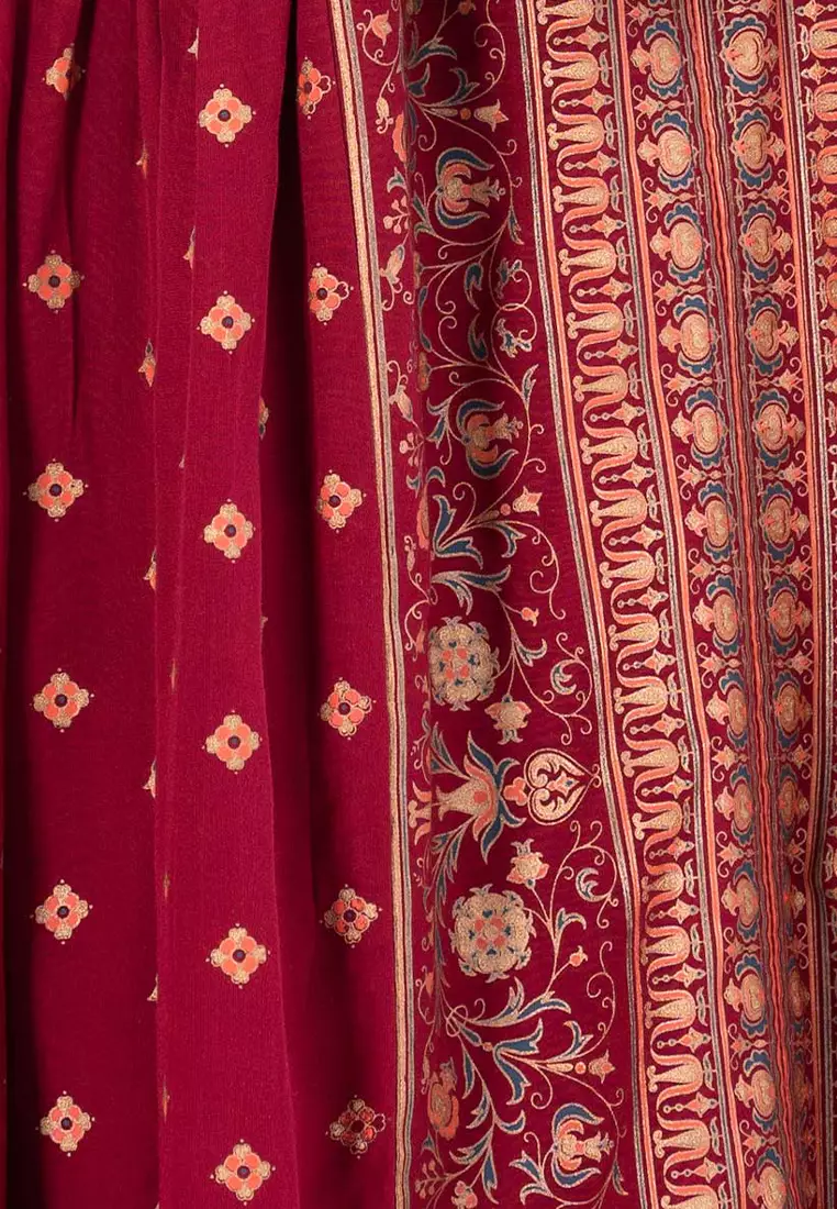 Le Reve 红色粘胶民族风上衣和下装，配围巾