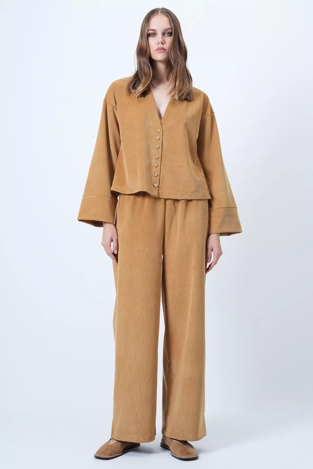 Camel Hakim Collar Gold Button Detailed Velvet Jacket And Palazzo Trousers Two-Piece Set Alc-X14633