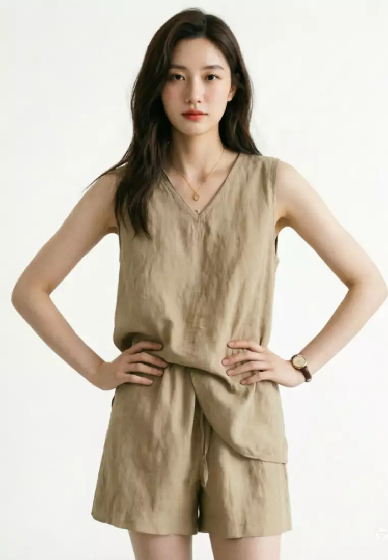 Korean-style Relaxed Linen Tank Top & Shorts Set CA26041054BW