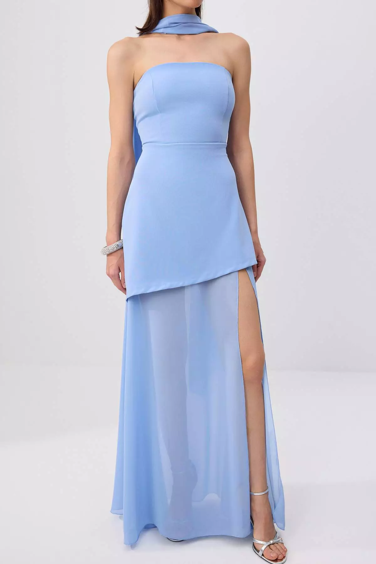 Blue Shawl Detailed Woven Maxi Evening & Graduation Dress Tprss25Ae00188