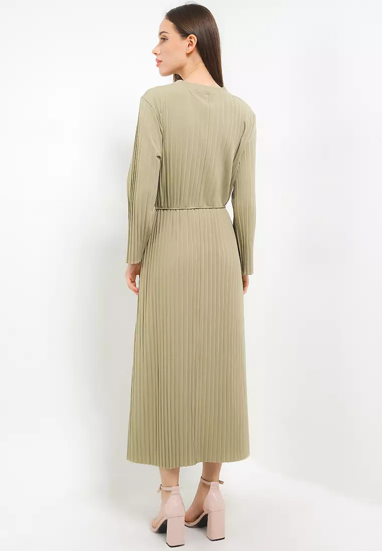 L/S Pleated A-Line Dress W/ Maxy Neck Ribbing