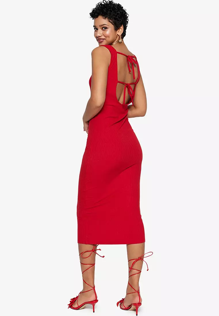 Rib-knit Dress - Red - Ladies