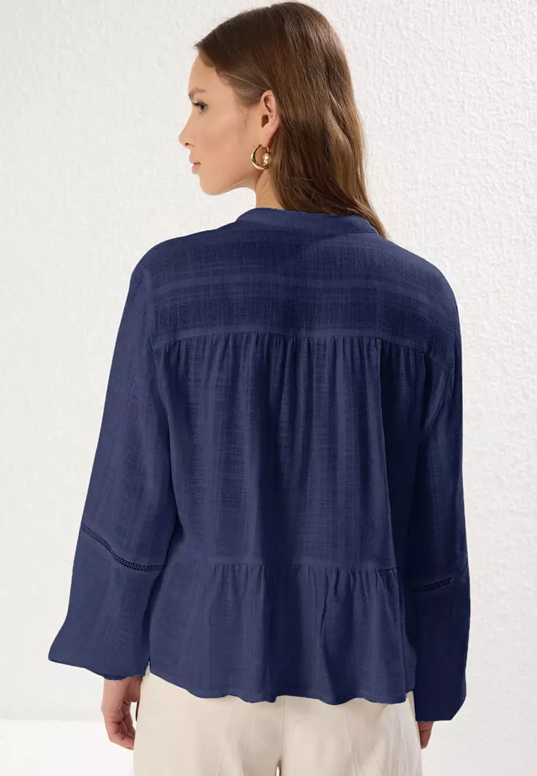 Navy Blue Cotton Textured Fabric Laced Sleeve Regular Regular Fit Woven Shirt