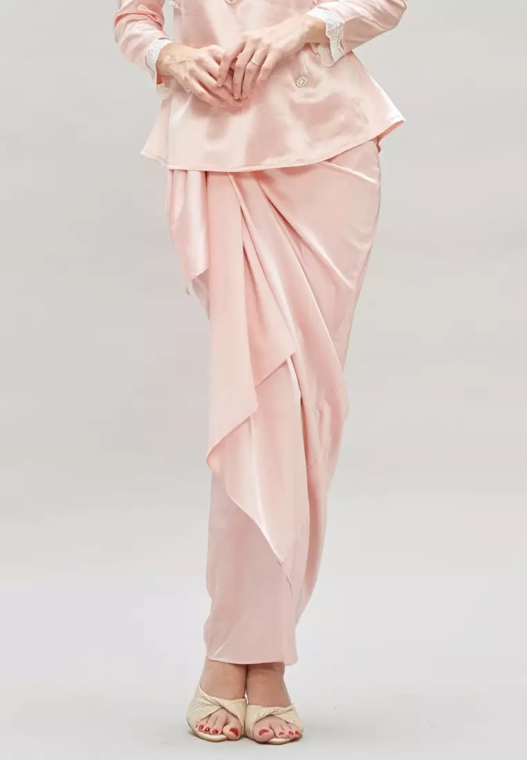 Pink Faux Pearl Diamond Beaded Top & Satin Wrap Skirt Modern Baju Kurung