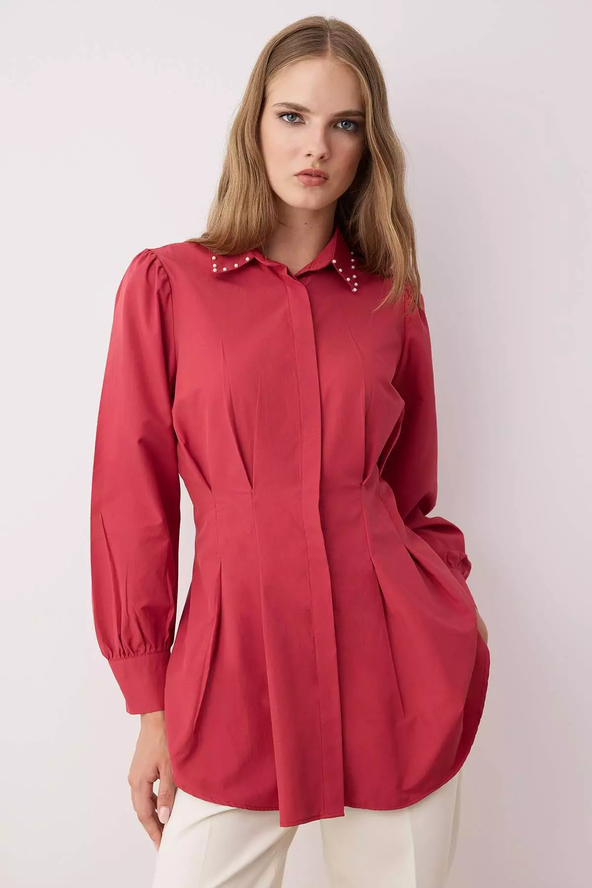 Dusty Rose Waist Sitting Pearl Detailed Woven Shirt Tctaw24Tg00027