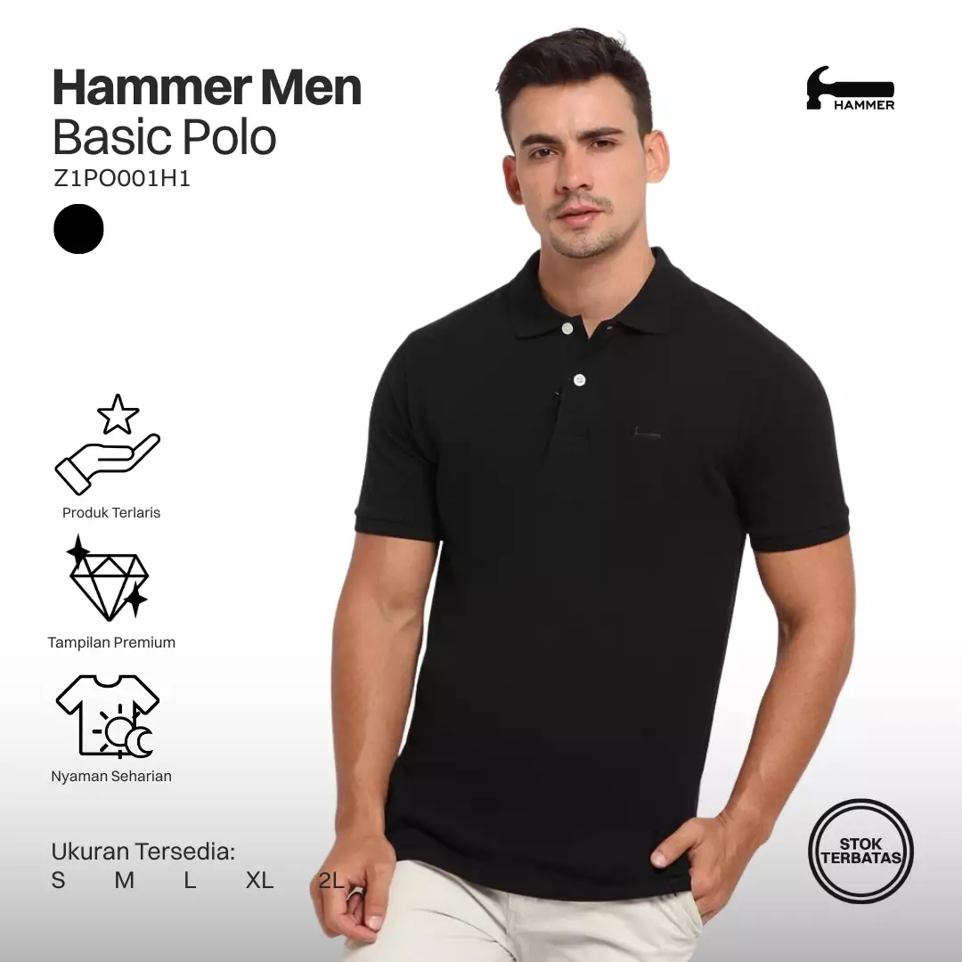 Hammer Men Polo Basic Online Hitam Z1PO001H1 | Kaos Kerah Pria Lengan Pendek Hitam