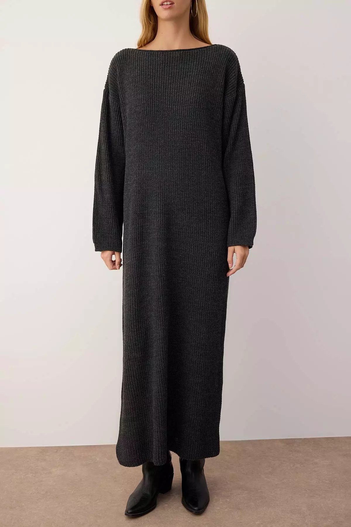 Anthracite Plain Maxi Basic Oversize Boat Neck Knitwear Long Dress